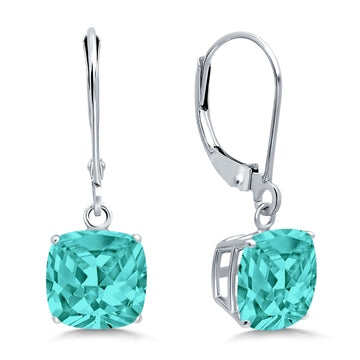 Cushion Cut Bridal Dangling Leverback Earrings Simulated Paraiba Tourmaline CZ 925 Sterling Silver (4mm-10mm)